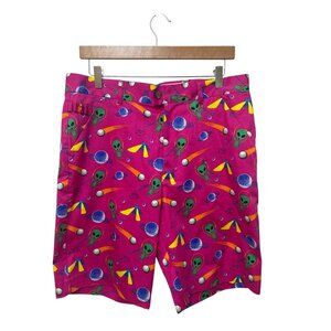Mens Royal & Awesome Alien Golf Shorts - Size 34 Cotton Blend Pink Alien Print